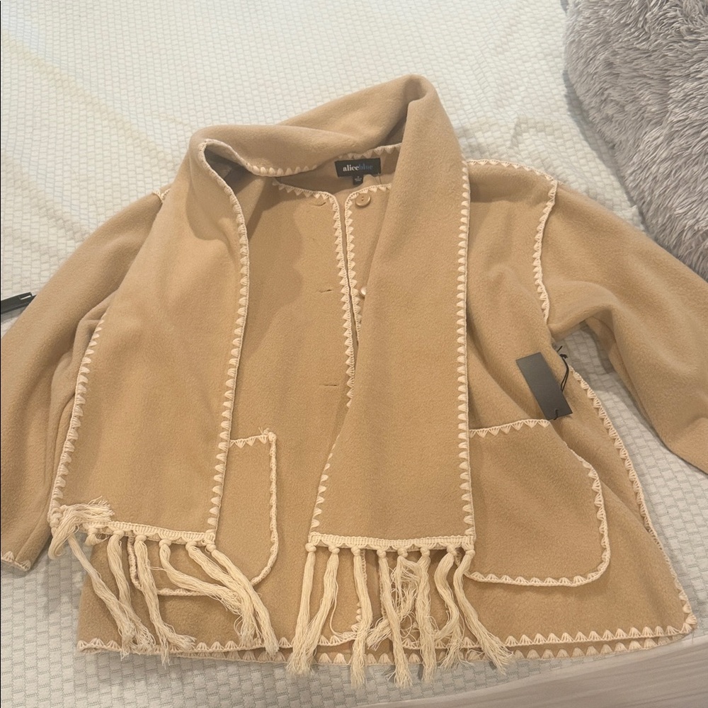 Tan Fringe Cardigan with Cream Trim